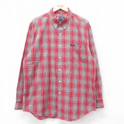 XL★古着 ラルフローレン Ralph Lauren チャップス 長袖 ブランド シャツ メンズ 90年代 90s ワンポイントロゴ 大きいサイズ ロング丈 コットン ボタンダウン 赤他 レッド チェック 24nov22 中古 トップス