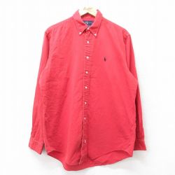 【50%OFF】XL★古着 ラルフローレン Ralph Lauren 長袖 ブランド シャツ メンズ 90年代 90s ワンポイントロゴ ロング丈 コットン ボタンダウン 赤系 レッド 24nov22 中古 トップス