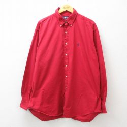 XL★古着 ラルフローレン Ralph Lauren 長袖 ブランド シャツ メンズ 90年代 90s ワンポイントロゴ 大きいサイズ ロング丈 コットン ボタンダウン 赤 レッド 24nov25 中古 トップス
