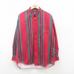 XL★古着 ラルフローレン Ralph Lauren チャップス 長袖 ブランド シャツ メンズ 90年代 90s ワンポイントロゴ 大きいサイズ コットン ボタンダウン 赤他 レッド ストライプ 24dec04 中古 トップス