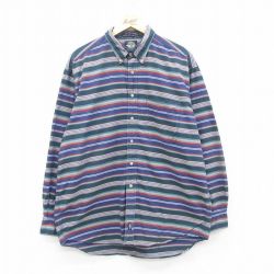 【50%OFF】XL★古着 ドッカーズ 長袖 ブランド シャツ メンズ 90年代 90s ロング丈 コットン ボタンダウン 緑他 グリーン ボーダー 24dec04 中古 トップス