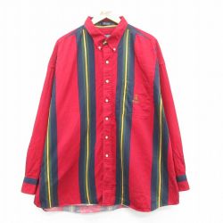 【20%OFF】XL★古着 トミーヒルフィガー TOMMY HILFIGER 長袖 ブランド シャツ メンズ 90年代 90s ワンポイントロゴ 大きいサイズ ロング丈 コットン ボタンダウン 赤他 レッド ストライプ 24dec04 中古 トップス