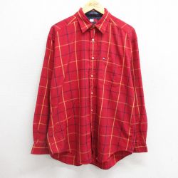 XL★古着 トミーヒルフィガー TOMMY HILFIGER 長袖 ブランド シャツ メンズ 90年代 90s ワンポイントロゴ ヘリンボーン コットン 赤他 レッド チェック 24dec04 中古 トップス