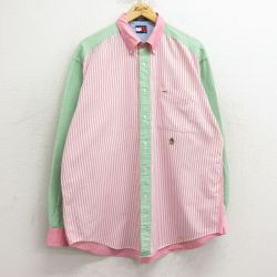 【50%OFF】XL★古着 トミーヒルフィガー TOMMY HILFIGER 長袖 ブランド シャツ メンズ 90年代 90s ワンポイントロゴ クレイジーパターン コットン ボタンダウン ピンク他 ストライプ 24dec06 中古 トップス
