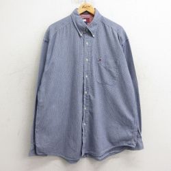 XL★古着 トミーヒルフィガー TOMMY HILFIGER 長袖 ブランド シャツ メンズ 90年代 90s ワンポイントロゴ 千鳥格子 大きいサイズ ロング丈 コットン ボタンダウン 紺他 ネイビー 24dec06 中古 トップス