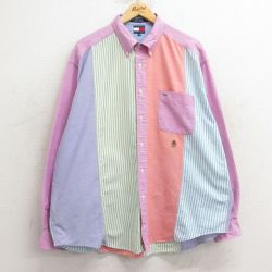 XL★古着 トミーヒルフィガー TOMMY HILFIGER 長袖 ブランド シャツ メンズ 90年代 90s ワンポイントロゴ クレイジーパターン 大きいサイズ コットン ボタンダウン オレンジ他 【spe】 24dec06 中古 トップス
