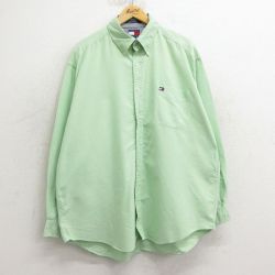 XL★古着 トミーヒルフィガー TOMMY HILFIGER 長袖 ブランド シャツ メンズ 90年代 90s ワンポイントロゴ 大きいサイズ コットン ボタンダウン 黄緑 24dec07 中古 トップス