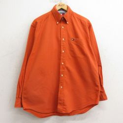 XL★古着 トミーヒルフィガー TOMMY HILFIGER 長袖 ブランド シャツ メンズ 90年代 90s ワンポイントロゴ コットン ボタンダウン オレンジ 24dec07 中古 トップス