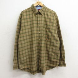 XL★古着 トミーヒルフィガー TOMMY HILFIGER 長袖 ブランド シャツ メンズ 90年代 90s ワンポイントロゴ 大きいサイズ ロング丈 コットン ボタンダウン ベージュ他 カーキ チェック 24dec07 中古 トップス