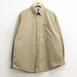 【50%OFF】XL★古着 トミーヒルフィガー TOMMY HILFIGER 長袖 ブランド シャツ メンズ 90年代 90s ワンポイントロゴ ロング丈 コットン ボタンダウン ベージュ カーキ 24dec07 中古 トップス