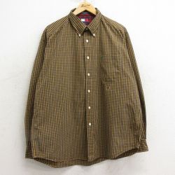 XL★古着 トミーヒルフィガー TOMMY HILFIGER 長袖 ブランド シャツ メンズ 90年代 90s ワンポイントロゴ コットン ボタンダウン 黄他 イエロー チェック 24dec07 中古 トップス