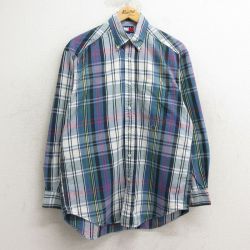 L★古着 トミーヒルフィガー TOMMY HILFIGER 長袖 ブランド シャツ メンズ 90年代 90s ワンポイントロゴ コットン ボタンダウン 紺他 ネイビー チェック 24dec07 中古 トップス