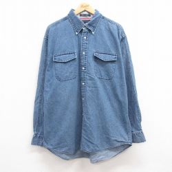 XL★古着 トミーヒルフィガー TOMMY HILFIGER 長袖 ブランド シャツ メンズ ワンポイントロゴ 大きいサイズ ロング丈 コットン ボタンダウン 紺 ネイビー デニム 24dec07 中古 トップス