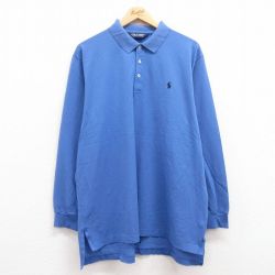 XL★古着 ラルフローレン Ralph Lauren ポロゴルフ 長袖 ブランド ポロ シャツ メンズ 90年代 90s ワンポイントロゴ 鹿の子 ロング丈 コットン 薄紺 ネイビー 24dec07 中古 トップス