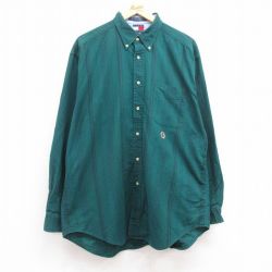 【20%OFF】XL★古着 トミーヒルフィガー TOMMY HILFIGER 長袖 ブランド シャツ メンズ 90年代 90s ワンポイントロゴ 大きいサイズ ロング丈 コットン ボタンダウン 緑他 グリーン ストライプ 24dec07 中古 トップス