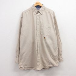 XL★古着 トミーヒルフィガー TOMMY HILFIGER 長袖 ブランド シャツ メンズ 90年代 90s ワンポイントロゴ オックスフォード 大きいサイズ ロング丈 コットン ボタンダウン ベージュ カーキ 24dec07 中古 トップス