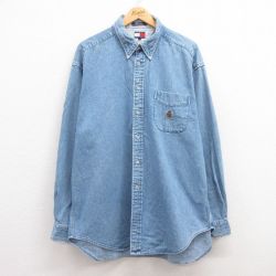 【50%OFF】XL★古着 トミーヒルフィガー TOMMY HILFIGER 長袖 ブランド シャツ メンズ 90年代 90s ワンポイントロゴ 大きいサイズ ロング丈 コットン ボタンダウン 紺 ネイビー デニム 24dec07 中古 トップス