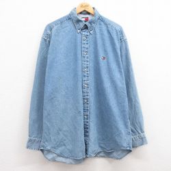 XL★古着 トミーヒルフィガー TOMMY HILFIGER 長袖 ブランド シャツ メンズ 90年代 90s ワンポイントロゴ 大きいサイズ ロング丈 コットン ボタンダウン 薄紺 ネイビー デニム 24dec07 中古 トップス