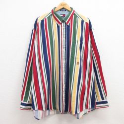 XL★古着 トミーヒルフィガー TOMMY HILFIGER 長袖 ブランド シャツ メンズ 90年代 90s ワンポイントロゴ 大きいサイズ コットン ボタンダウン 濃紺他 ネイビー ストライプ 24dec11 中古 トップス