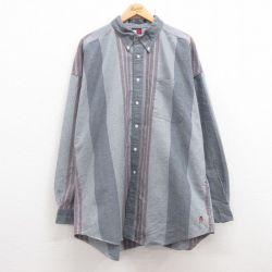 XL★古着 トミーヒルフィガー TOMMY HILFIGER 長袖 ブランド シャツ メンズ 90年代 90s ワンポイントロゴ 大きいサイズ ロング丈 コットン ボタンダウン グレー他 ストライプ 24dec11 中古 トップス