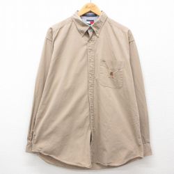 XL★古着 トミーヒルフィガー TOMMY HILFIGER 長袖 ブランド シャツ メンズ 90年代 90s ワンポイントロゴ コットン ボタンダウン ベージュ カーキ 24dec12 中古 トップス
