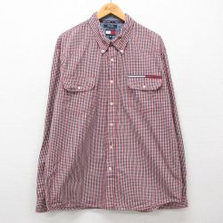 XL★古着 トミーヒルフィガー TOMMY HILFIGER 長袖 ブランド シャツ メンズ 90年代 90s 大きいサイズ コットン ボタンダウン 赤他 レッド ギンガム チェック 24dec12 中古 トップス