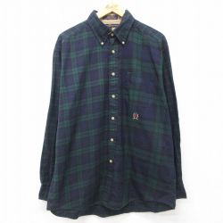 XL★古着 トミーヒルフィガー TOMMY HILFIGER 長袖 ブランド シャツ メンズ 90年代 90s ワンポイントロゴ 大きいサイズ コットン ボタンダウン 濃紺他 ネイビー チェック 24dec12 中古 トップス