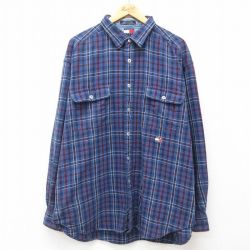 XL★古着 トミーヒルフィガー TOMMY HILFIGER 長袖 ブランド シャツ メンズ 90年代 90s ワンポイントロゴ 大きいサイズ コットン 紺他 ネイビー チェック 24dec12 中古 トップス
