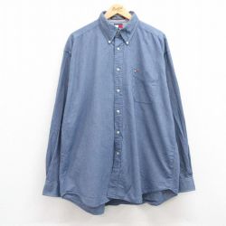 XL★古着 トミーヒルフィガー TOMMY HILFIGER 長袖 ブランド シャツ メンズ 90年代 90s ワンポイントロゴ オックスフォード 大きいサイズ ロング丈 コットン ボタンダウン 紺 ネイビー 24dec14 中古 トップス