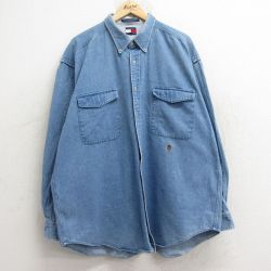 XL★古着 トミーヒルフィガー TOMMY HILFIGER 長袖 ブランド シャツ メンズ 90年代 90s ワンポイントロゴ 大きいサイズ ロング丈 コットン ボタンダウン 薄紺 ネイビー デニム 24dec14 中古 トップス