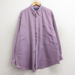 XL★古着 ラルフローレン Ralph Lauren 長袖 ブランド シャツ メンズ 90年代 90s ワンポイントロゴ ヘリンボーン YARMOUTH 大きいサイズ ロング丈 コットン ボタンダウン 紫 パープル 24dec14 中古 トップス