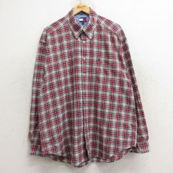 【50%OFF】XL★古着 トミーヒルフィガー TOMMY HILFIGER 長袖 ブランド シャツ メンズ 90年代 90s ワンポイントロゴ 大きいサイズ ロング丈 コットン ボタンダウン 赤他 レッド チェック 24dec14 中古 トップス