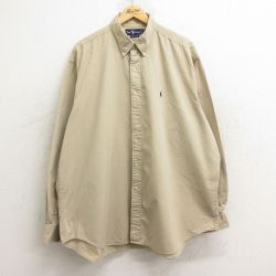 XL★古着 ラルフローレン Ralph Lauren 長袖 ブランド シャツ メンズ 90年代 90s ワンポイントロゴ 大きいサイズ ロング丈 コットン ボタンダウン ベージュ カーキ 24dec14 中古 トップス