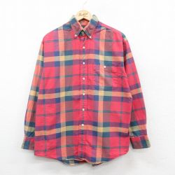 XL★古着 ランズエンド 長袖 ブランド シャツ メンズ 90年代 90s コットン ボタンダウン USA製 赤他 レッド チェック 24dec21 中古 トップス
