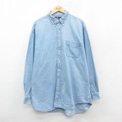 XL★古着 ラルフローレン Ralph Lauren 長袖 ブランド シャツ メンズ 90年代 90s BIG SHIRT 大きいサイズ ロング丈 コットン ボタンダウン 薄紺 ネイビー デニム 【spe】 24dec21 中古 トップス