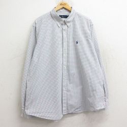 【20%OFF】XL★古着 ラルフローレン Ralph Lauren 長袖 ブランド シャツ メンズ ワンポイントロゴ 大きいサイズ ロング丈 コットン ボタンダウン 白他 ホワイト チェック 24dec24 中古 トップス