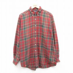 XL★古着 ラルフローレン Ralph Lauren 長袖 ブランド シャツ メンズ 90年代 90s ワンポイントロゴ 大きいサイズ ロング丈 コットン ボタンダウン 赤系他 レッド チェック 24dec25 中古 トップス