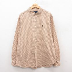 XL★古着 ラルフローレン Ralph Lauren 長袖 ブランド シャツ メンズ 90年代 90s ワンポイントロゴ 大きいサイズ コットン ボタンダウン 濃ベージュ他 カーキ ギンガム チェック 24dec25 中古 トップス