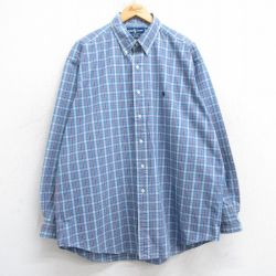 XL★古着 ラルフローレン Ralph Lauren 長袖 ブランド シャツ メンズ 90年代 90s ワンポイントロゴ BLAKE 大きいサイズ ロング丈 コットン ボタンダウン 薄紺他 ネイビー チェック 25feb07 中古 トップス