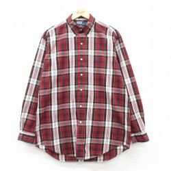 XL★古着 ラルフローレン Ralph Lauren 長袖 ブランド シャツ メンズ 90年代 90s ワンポイントロゴ BLAIRE 大きいサイズ ロング丈 コットン ボタンダウン 赤他 レッド チェック 25feb15 中古 トップス
