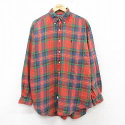 XL★古着 ラルフローレン Ralph Lauren 長袖 ブランド シャツ メンズ 90年代 90s ワンポイントロゴ 大きいサイズ コットン ボタンダウン オレンジ他 チェック 25feb15 中古 トップス