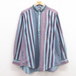 XL★古着 トミーヒルフィガー TOMMY HILFIGER 長袖 ブランド シャツ メンズ 90年代 90s ワンポイントロゴ コットン ボタンダウン 薄紺他 ネイビー ストライプ 25feb18 中古 トップス