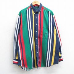 【20%OFF】XL★古着 ノーティカ NAUTICA 長袖 ブランド シャツ メンズ 90年代 90s ワンポイントロゴ コットン ボタンダウン 緑他 グリーン ストライプ 25feb18 中古 トップス