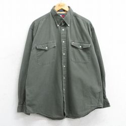 XL★古着 トミーヒルフィガー TOMMY HILFIGER 長袖 ブランド シャツ メンズ 90年代 90s ワンポイントロゴ コットン ボタンダウン 濃緑 グリーン 25feb18 中古 トップス