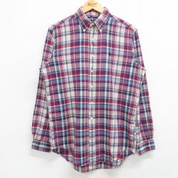M★古着 ラルフローレン Ralph Lauren 長袖 ブランド シャツ メンズ 90年代 90s ワンポイントロゴ コットン ボタンダウン 紫他 パープル チェック 25feb19 中古 トップス