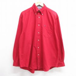 XL★古着 トミーヒルフィガー TOMMY HILFIGER 長袖 ブランド シャツ メンズ 90年代 90s ワンポイントロゴ ロング丈 コットン ボタンダウン 赤 レッド 25feb20 中古 トップス