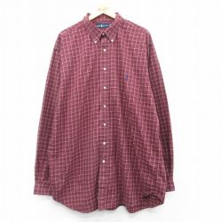 【50%OFF】XL★古着 ラルフローレン Ralph Lauren 長袖 ブランド シャツ メンズ 90年代 90s ワンポイントロゴ 大きいサイズ ロング丈 ボタンダウン エンジ他 チェック 25feb20 中古 トップス