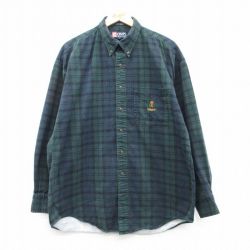 XL★古着 ラルフローレン Ralph Lauren チャップス 長袖 ブランド シャツ メンズ 90年代 90s ワンポイントロゴ 大きいサイズ コットン ボタンダウン 濃緑他 グリーン チェック 25feb20 中古 トップス