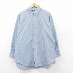 XL★古着 ラルフローレン Ralph Lauren 長袖 ブランド シャツ メンズ 90年代 90s ワンポイントロゴ YARMOUTH オックスフォード 大きいサイズ ロング丈 コットン ボタンダウン 紺他 ネイビー ストライプ 【spe】 25feb20 中古 トップス
