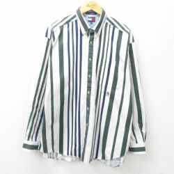 XL★古着 トミーヒルフィガー TOMMY HILFIGER 長袖 ブランド シャツ メンズ 90年代 90s ワンポイントロゴ 大きいサイズ コットン ボタンダウン 白他 ホワイト ストライプ 25feb22 中古 トップス